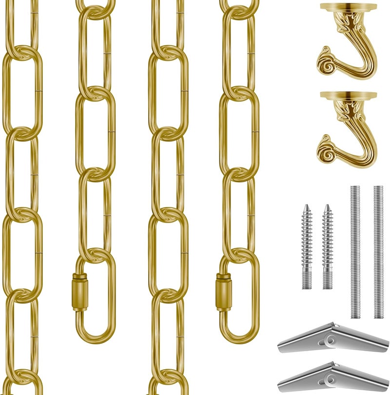 Omytie 12 Ft Heavy Duty Hanging Chain Kit with Connection Locks & Swag Ceiling Hooks for Lighting Fixture, Chandelier, Pendant, Lantern, Swag Lamp, Plant/Flower/Fruit Basket, Bird Feeder (Brass) - Image 1